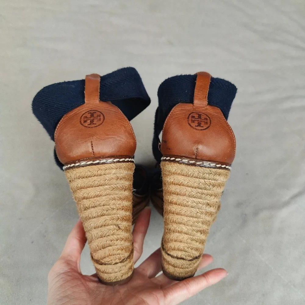 Tory Burch Frieda Espadrille Wedge‎ Sandals Womens 8.5B Navy Blue Strappy Beachy